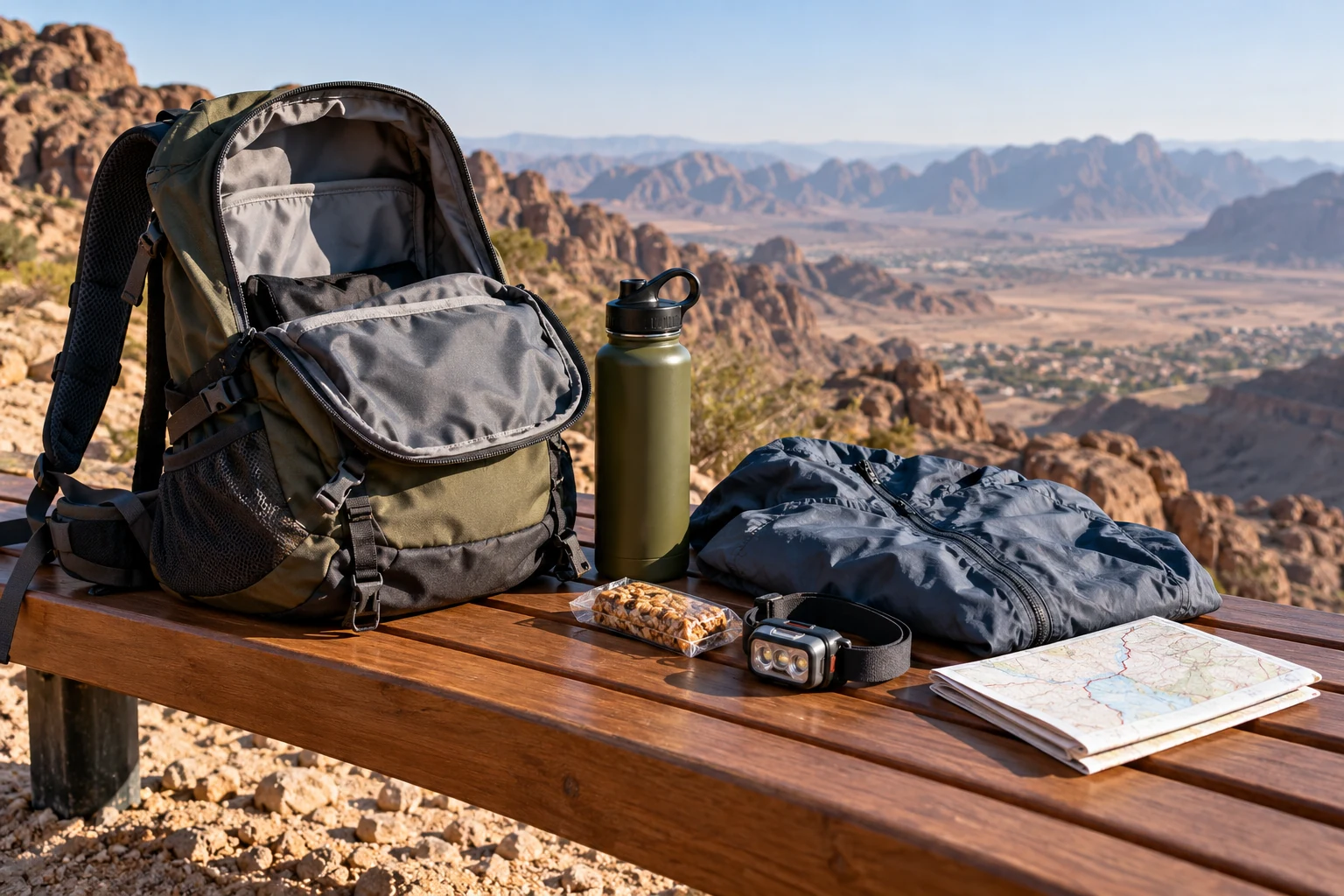 An open hiking daypack with an organised equipment selection in an illustrative photograph