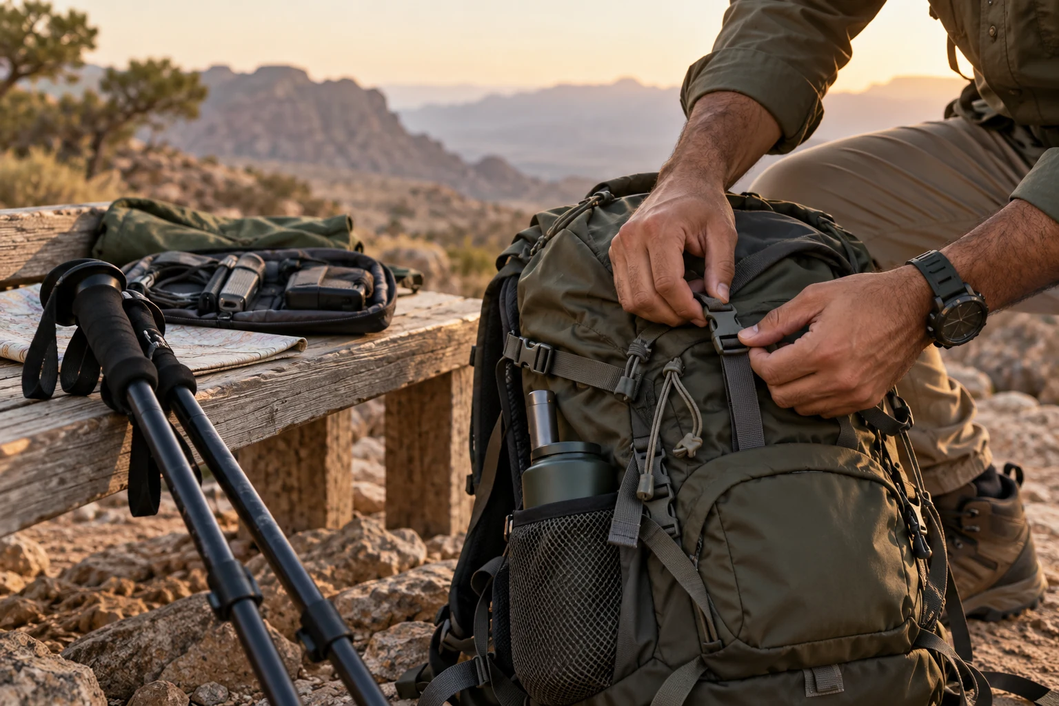 Hands closing a hiking daypack and securing loose straps in an illustrative photograph