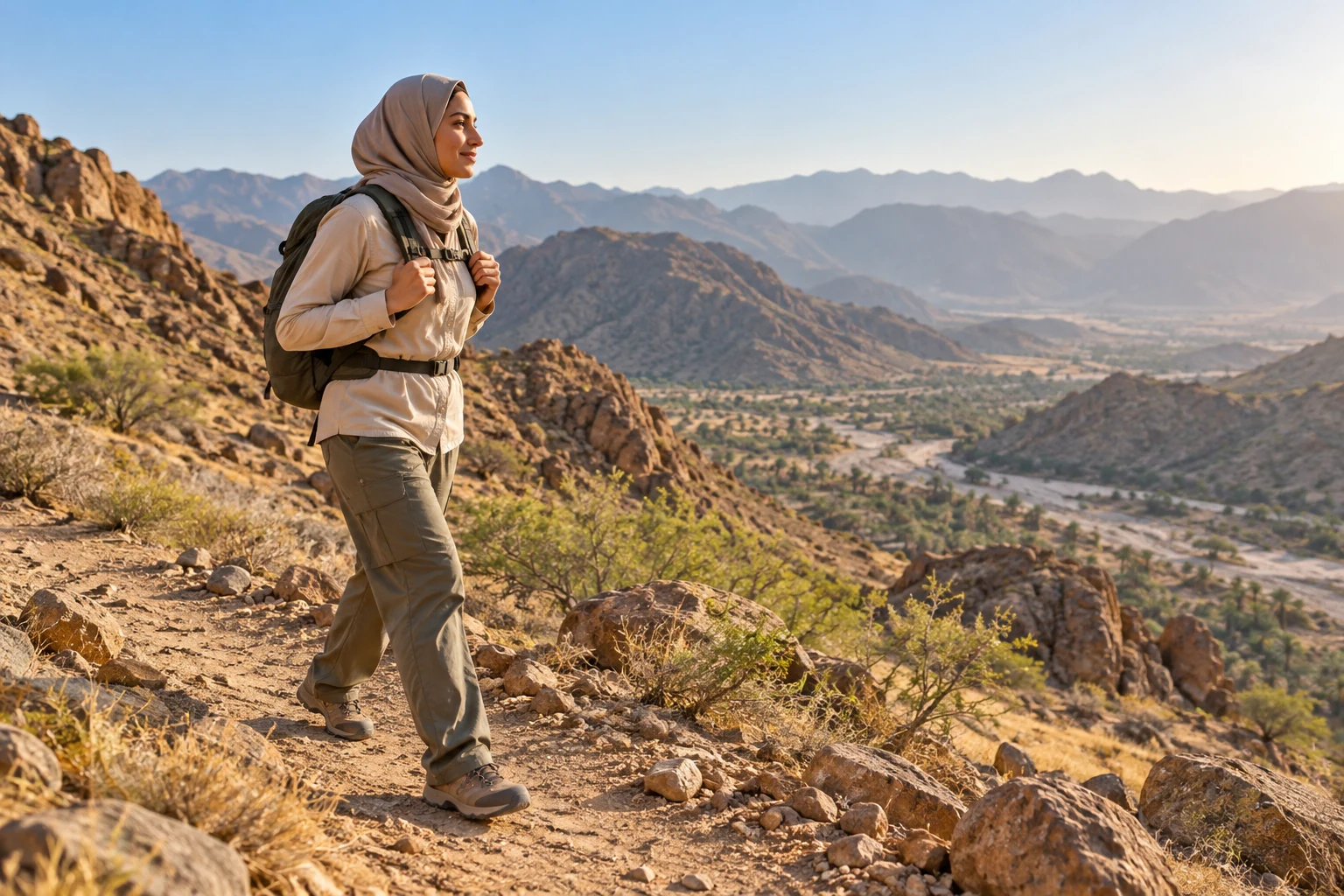 An adult wearing a hiking daypack on a broad illustrative trail