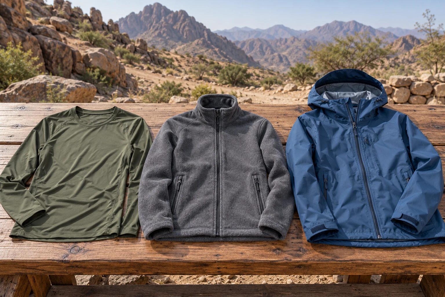 ثلاث طبقات من ملابس الهايكنج مرتبة للمقارنة في صورة توضيحية