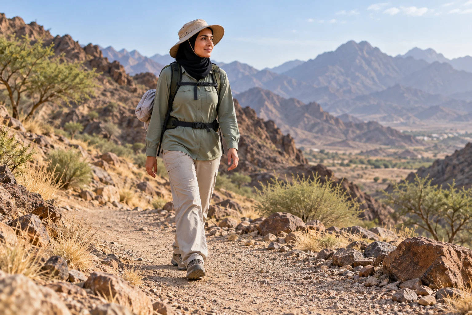 Modest hiking clothing worn on a broad trail in an illustrative photograph